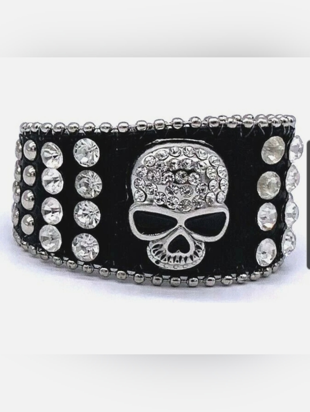 Ladies Leather Rhinestone Skull Adjustable Bling Studded Bracelet